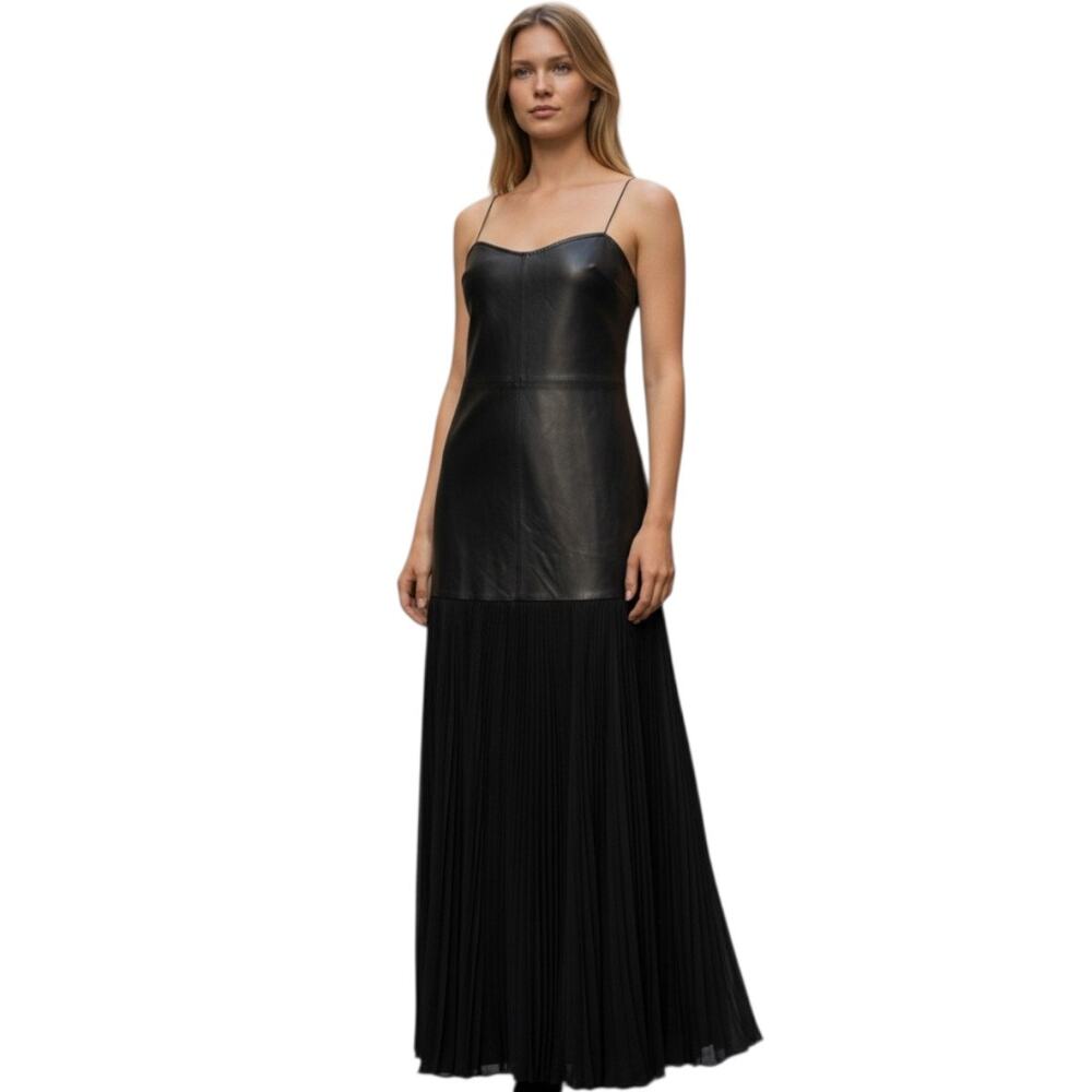 Alexis Kaleena Leather Sleeveless Pleated Maxi-Length Gown Black